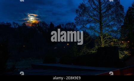 Vollmond in wolkiger Dunkler Nacht mit Bäumen Stockfoto