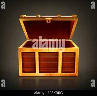 Schatzkiste, leere Holzkiste, offene Schatulle mit goldenen Details und Schlüsselloch. Alte Stamm für Gold oder Schmuck, pc-Spiel Artikel, Design-Element isoliert auf schwarzem Hintergrund realistische 3d-Vektor-Illustration Stock Vektor