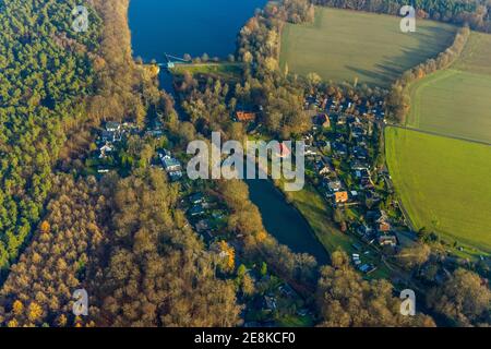 Luftaufnahme der Siedlung Overath an der Stever Mit dem Damm Hullern im Ortsteil Stockwiese in Haltern Am See im Ruhrgebiet im Norden Stockfoto