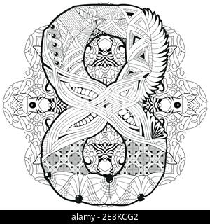 -Handgemalte Design. Erwachsenen Anti-Stress-Malvorlagen. Schwarz / weiß handgezeichnete Abbildung Mandala mit Numero acht für Malbuch Stock Vektor