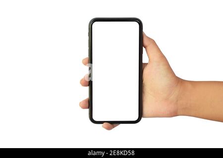 Frau Hand hält Smartphone-Gerät und leeren Touchscreen für Videoanruf, Arbeit von zu Hause concept.Isolated mit Clipping-Pfad auf weißem Hintergrund Stockfoto