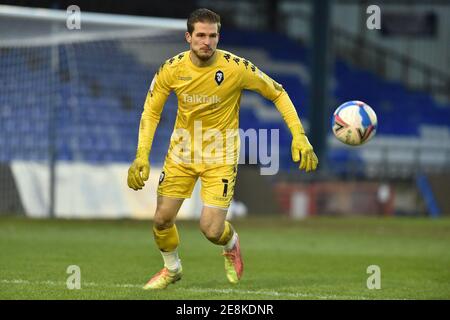 OLDHAM, ENGLAND. 30. JANUAR Aktienactionfoto von Václav Hladký (Torwart) von Salford City während des Sky Bet League 2-Spiels zwischen Oldham Athletic und Salford City im Boundary Park, Oldham am Samstag, 30. Januar 2021. (Kredit: Eddie Garvey, Mi News) Kredit: MI Nachrichten & Sport /Alamy Live Nachrichten Stockfoto