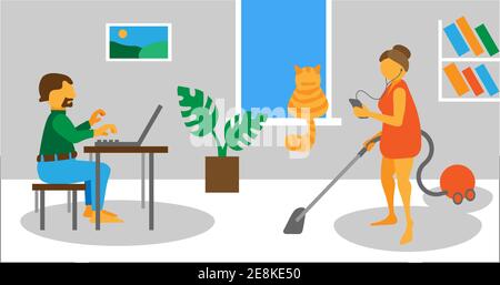 Ein Mann arbeitet zu Hause, trauert auf einem Laptop. Freiberufler sitzt am Tisch. Eine Frau saugt und hört Musik. Die Katze sitzt auf der Fensterbank. H Stock Vektor