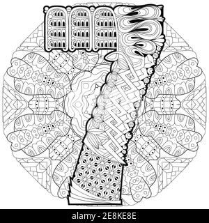 -Handgemalte Design. Erwachsenen Anti-Stress-Malvorlagen. Schwarz / weiß handgezeichnete Abbildung Mandala mit Numero sieben für Malbuch Stock Vektor