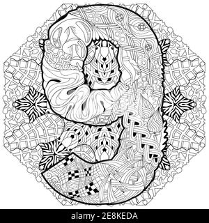 -Handgemalte Design. Erwachsenen Anti-Stress-Malvorlagen. Schwarz / weiß handgezeichnete Abbildung Mandala mit Numero neun für Malbuch Stock Vektor