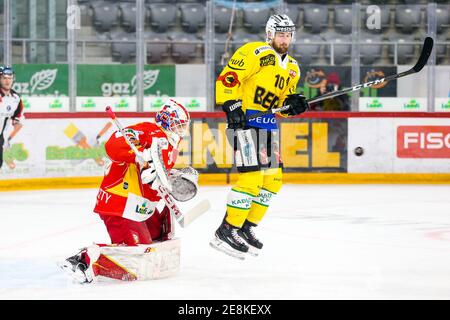 Biel, Tissot Arena, National League: EHC Biel-Bienne - SC, USA. Januar 2021. Bern, # 36 Torwart Joren van Pottelberghe (Biel) und # 10 Tristan Scherwey (Bern) Quelle: SPP Sport Pressefoto. /Alamy Live Nachrichten Stockfoto