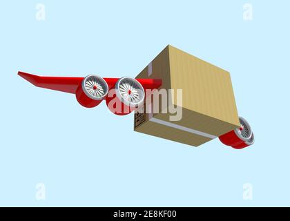 3D Illustration Box mit Flugzeugflügel und orangefarbenem Jet-Motor für schnellen Lieferservice auf weißem Hintergrund mit Clipping-Pfad. Stockfoto
