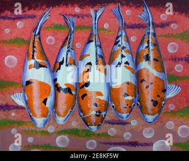 Ölgemälde von fancy Karpfen Fisch Bilder Glück zu Hause , koi Stockfoto