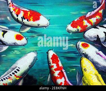 Kunst, Malerei, schöne Kunst, Ölfarbe, Koi Fisch glücklich, aus Thailand Stockfoto