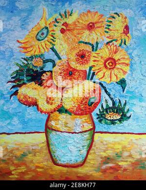 Ölgemälde abstrakter Kunsthintergrund auf Leinwand van Gogh, Sonnenblume, berühmte Gemälde Stockfoto