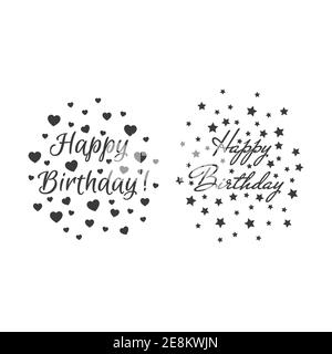 Happy Birthday Schriftzug mit Sternen und Herzen. Geburtstagskarte Design mit Text, Mr De Haviland und Euphoria Script Schriften. Stock Vektor