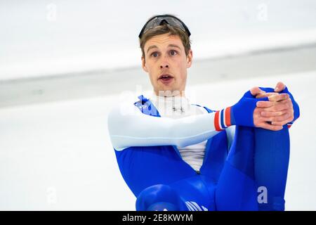 HEERENVEEN, NIEDERLANDE - JANUAR 30: Sindre Henriksen aus Norwegen beim ISU-Weltcup-Eisschnelllauf am 30. Januar 2021 in H in Thialf Icerink Stockfoto