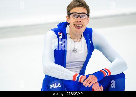 HEERENVEEN, NIEDERLANDE - JANUAR 30: Sindre Henriksen aus Norwegen beim ISU-Weltcup-Eisschnelllauf am 30. Januar 2021 in H in Thialf Icerink Stockfoto