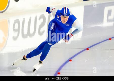 HEERENVEEN, NIEDERLANDE - JANUAR 30: Sindre Henriksen aus Norwegen beim ISU-Weltcup-Eisschnelllauf am 30. Januar 2021 in H in Thialf Icerink Stockfoto