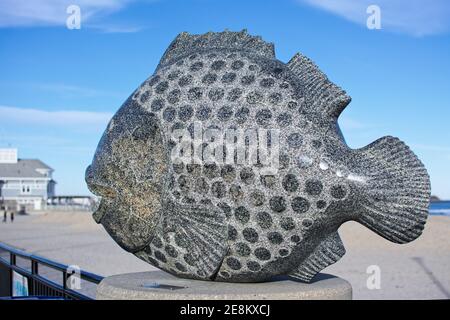 Hampton Beach State Park - Hampton, New Hampshire - EINE Skulptur eines in Stein gemeißelten Fisches ruht auf der Säule des Zauns entlang der Promenade auf einem Stockfoto