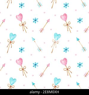 Valentinstag Aquarell Nahtloses Muster. Blaue und rosa herzförmige Lutscher, Pfeile, Blumen und Konfetti. Zartes festliches Dessin. Stockfoto