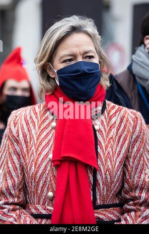 Paris, Frankreich. Januar 2021. Der Vorsitzende der Bewegung "La Manif Pour Tous", Ludovine de La Rochere, während einer Demonstration gegen das Bioethik-Gesetz und die PMA (assistierte Reproduktionstechnologie - KUNST) für alle, am 31. Januar 2021 in Paris, Frankreich. Foto von Raphael Lafargue/ABACAPRESS.COM Quelle: Abaca Press/Alamy Live News Stockfoto