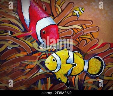 Kunst Ölgemälde Clown Fisch , Amphiprioninae , Nemo Fisch aus thailand Stockfoto