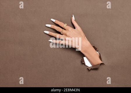 Eine weibliche Hand mit langen weißen Nägeln und goldenen Ringen Aus braunem Papierhintergrund herausragen Stockfoto