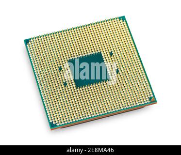 CPU-Computer-Mikroprozessor mit goldenen Pins isoliert auf weißem Hintergrund. PC-Hardware-Mikrochip-Technologiekonzept Stockfoto