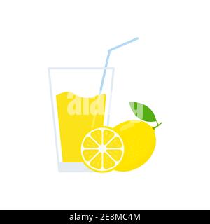 Frisches Zitronensaftglas. Gesunde natürliche Limonade trinken. Zitronenscheibe. Vektor auf Weiß isoliert. Stock Vektor