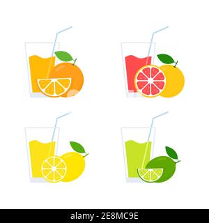Fruchtsaftcocktails in Glassammlung. Orange, Grapefruit, Zitrone und Limette Getränke Set. Vektordarstellung isoliert Stock Vektor