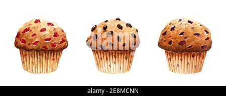 Set von frischen Muffins mit Kirschen, Schokolade und Heidelbeeren isoliert auf weißem Hintergrund. Aquarell, handgezeichnete Illustration. Stockfoto