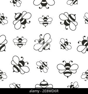 Nahtloses Muster mit fliegenden Bienen Hintergrund. Cartoon niedliche Biene Zeichen in schwarz und weiß Farbe. Stock Vektor