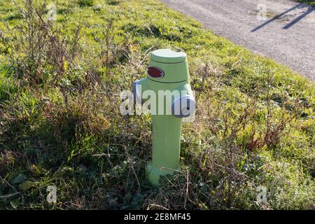 Grün-gelb neonfarben Hydrant auf einer Wiese, tagsüber ohne Menschen, Hydranten retten Leben bei einem Brand der Gebäude Stockfoto