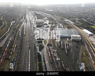 Toton Railway Sidings, Großbritannien. Januar 2021. Luftaufnahme über den Bahngleis von Toton, die den geplanten Standort für den HS2 Eastern Hub als Teil des östlichen Teils der HS2-Linie zeigt. Fotografiert mit Blick nach Süden nach Long Eaton. Kredit: Marc Dewhurst/Alamy Live Nachrichten. Stockfoto