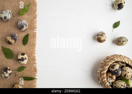 Wachteleier auf einer Leinenserviette und in einem Korb mit jungen grünen Frühlingsblättern auf weißem Hintergrund mit Platz für Text. Stockfoto