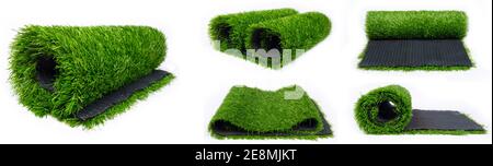 Collage von Rollen aus Kunstrasen für Sportplätze Panorama Stockfoto