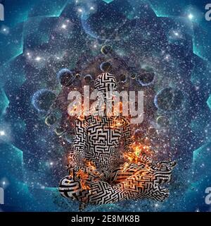 Kraft der Meditation. Mann in Lotushaltung. 3D-Rendering Stockfoto