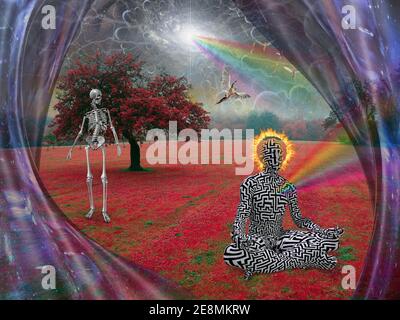 Meditation. Mann in Lotuspose mit brennendem Halo. 3D-Rendering Stockfoto