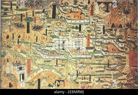 Mogao Höhle 61, Gemälde von Mount Wutai Klöster. Stockfoto