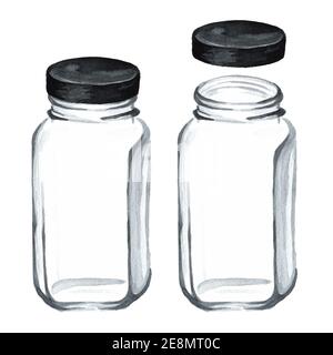 Leeren Sie das Glas mit einem Deckel. Handgezeichnete Aquarellillustration isoliert auf weißem Hintergrund Stockfoto