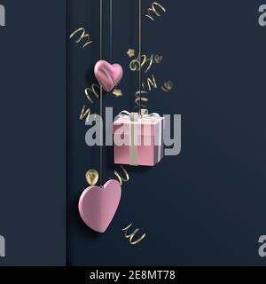 Love Hearts, 3D Geschenk rosa Boxen auf dunkelblau schwarz Hintergrund. Valentinstag, Liebe, Party Einladung, Muttertag, 8. März, Hochzeit, Grußkarte. Pla Stockfoto