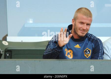 DAVID Beckham VON LA Galaxy hat seine Fußgelenke in Eis gelegt, als er das Team in Aktion während eines Freundschaftsspiel beobachtet, La Galaxy gegen Tigres UANL am 17. Juli 2007 im Home Depot Center in Los Angeles, CA, USA. LA Galaxy verlor 3 zu nichts in Los Angeles. Foto von Lionel Hahn/Cameleon/ABACAPRESS.COM Stockfoto