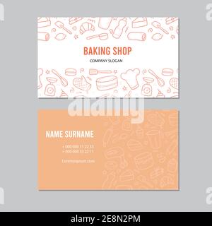 Handgezeichnete Schablone mit Backwerkzeugen, Mixer, Kuchen, Löffel, Cupcake, Waage. Doodle-Skizzenstil. Illustration für Bäckerei, Bäckerei Visitenkarte Design. Stock Vektor