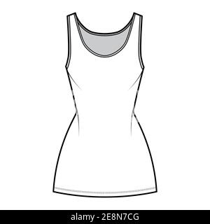 Tank Kleid technische Mode Illustration mit Rundhalsausschnitt, Träger, Mini-Länge, Einbaukörper, Bleistift Fülle. Flache Bekleidungsvorlage vorne, weiß. Frauen, Männer, Unisex CAD Mockup Stock Vektor