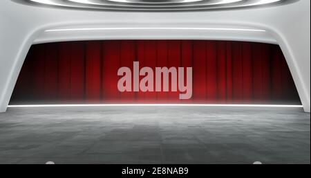 Voller Schuss eines futuristischen virtuellen Theaterhintergrunds mit rotem Vorhang, ideal für Live-Shows oder Musikveranstaltungen. 3D Rendering Hintergrund geeignet auf VR trac Stockfoto