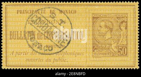 Monaco um 1892 50c verwendet Telefonstempel. Stockfoto