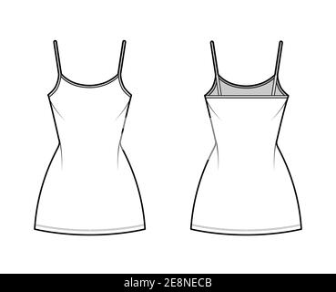 Camisole Kleid technische Mode Illustration mit Rundhalsausschnitt, Träger, Mini-Länge, Einbaukörper, Bleistift Fülle. Flache Bekleidungsschablone vorne, hinten, weiß, grau. Frauen, Männer, Unisex CAD Mockup Stock Vektor