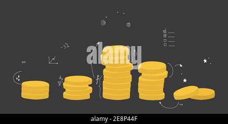 Vektordarstellung der Handzeichnung auf schwarzem Hintergrund. Stapel von Münzen verschiedener Höhe. Familienbudget oder persönliches Budget-Zuweisungskonzept. EPS 10 Stock Vektor
