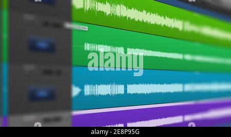 Bild einer mehrspurigen Audiowelle auf dem Monitor. Aufnahme, Mixing und Mastering im Studio. Stockfoto