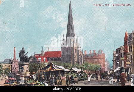 Vintage-Farbpostkarte vom Bull Ring, Birmingham. Stockfoto