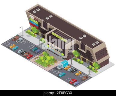 Einkaufszentrum im Geschäftsviertel für wohlhabende Kunden mit Parkplatz isometrische Zusammensetzung abstrakte Vektor-Illustration Stock Vektor