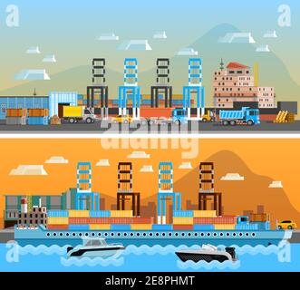 Zwei horizontale Frachtschiffe mit Trockenfrachtschiff an Werft und Hafen von Be-und Entladen mit Lastwagen flach vektorgrafik Stock Vektor