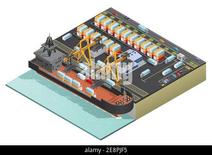 Schweres Trockenfrachtschiff, das mit Containern durch zwei stationäre Krane beladen wird In Port isometrische Vektordarstellung Stock Vektor