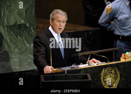 US-Präsident George W. Bush spricht auf der 62. Sitzung der Vereinten Nationen am 25. September 2007.in in New York, USA. (Bild: George W. Bush ) Foto von Olivier Douliery/ABACAPRESS.COM Stockfoto